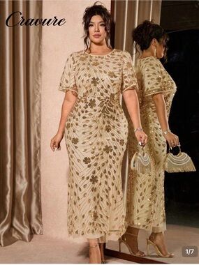 Ivory Dress with Gold Sequin Floral Embroidery